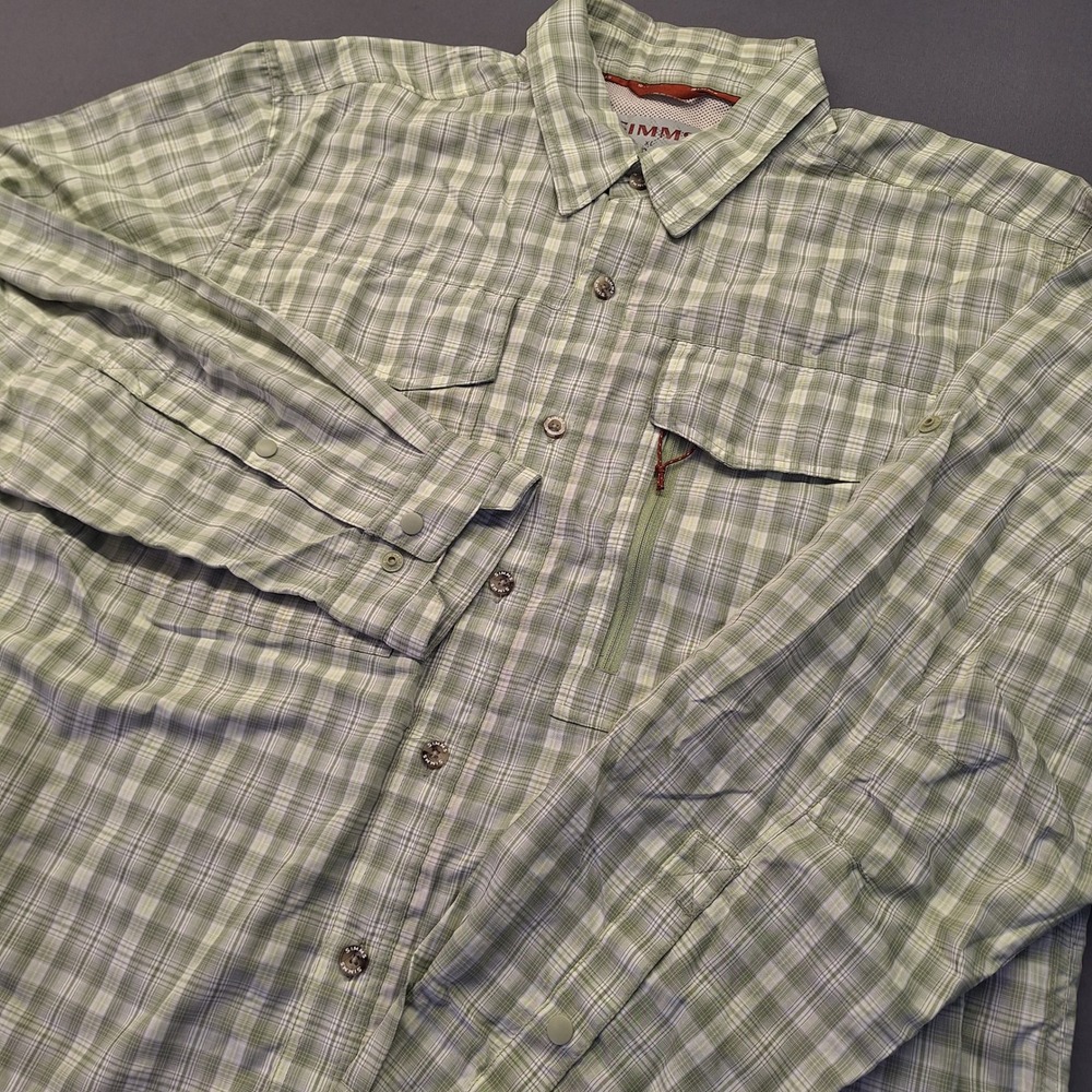 Simms COR3 Mens XL Green Plaid Long Sleeve Fishing Shirt Vent Back Zip Pocket